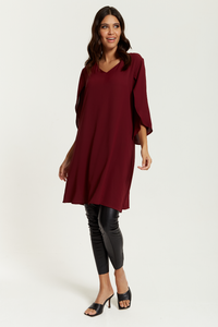 Oversized V Neck Tunic with Split Sleeves in Burgundy