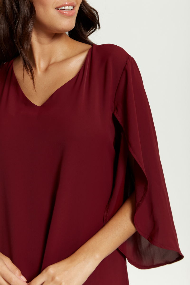 Oversized V Neck Tunic with Split Sleeves in Burgundy