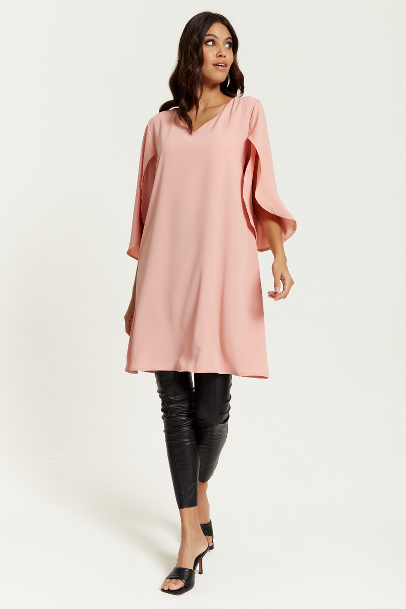 Oversized V Neck Tunic with Split Sleeves in Pink