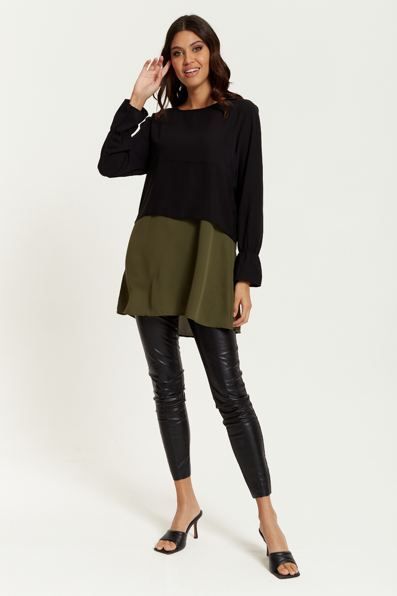 Oversized Satin Long Sleeves Colour Block Tunic Top in Black, Black and Khaki