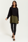 Oversized Satin Long Sleeves Colour Block Tunic Top in Black, Black and Khaki