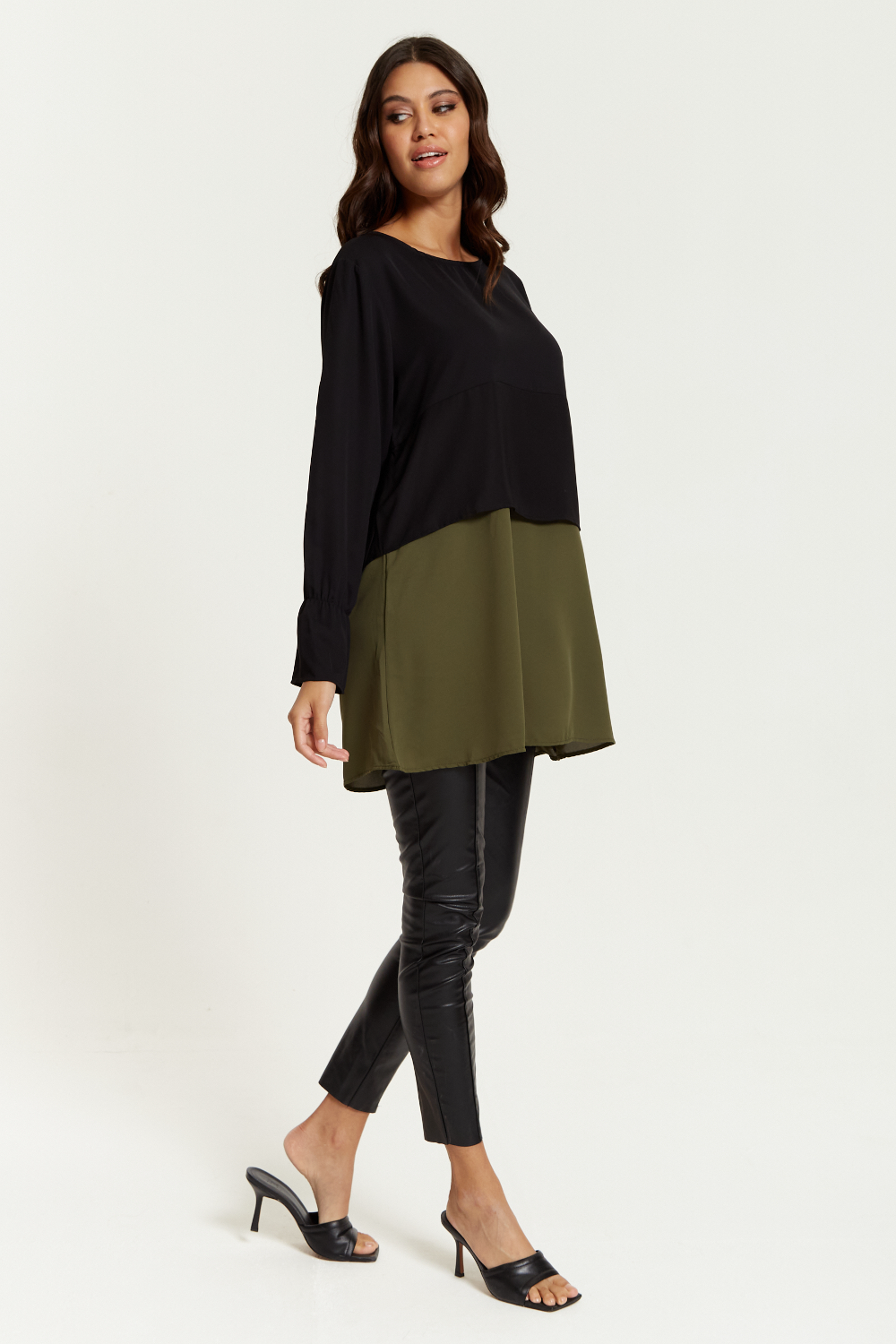 Oversized Satin Long Sleeves Colour Block Tunic Top in Black, Black and Khaki