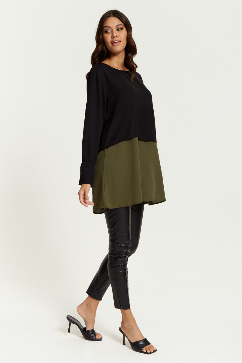 Oversized Satin Long Sleeves Colour Block Tunic Top in Black, Black and Khaki