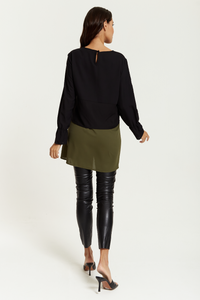 Oversized Satin Long Sleeves Colour Block Tunic Top in Black, Black and Khaki