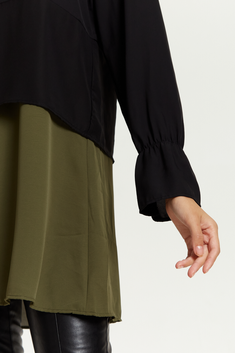 Oversized Satin Long Sleeves Colour Block Tunic Top in Black, Black and Khaki