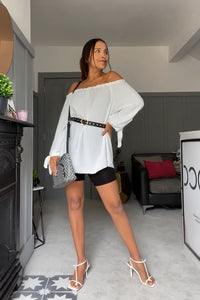 Oversized Off Shoulder Top with Tie Detailed Sleeves in White