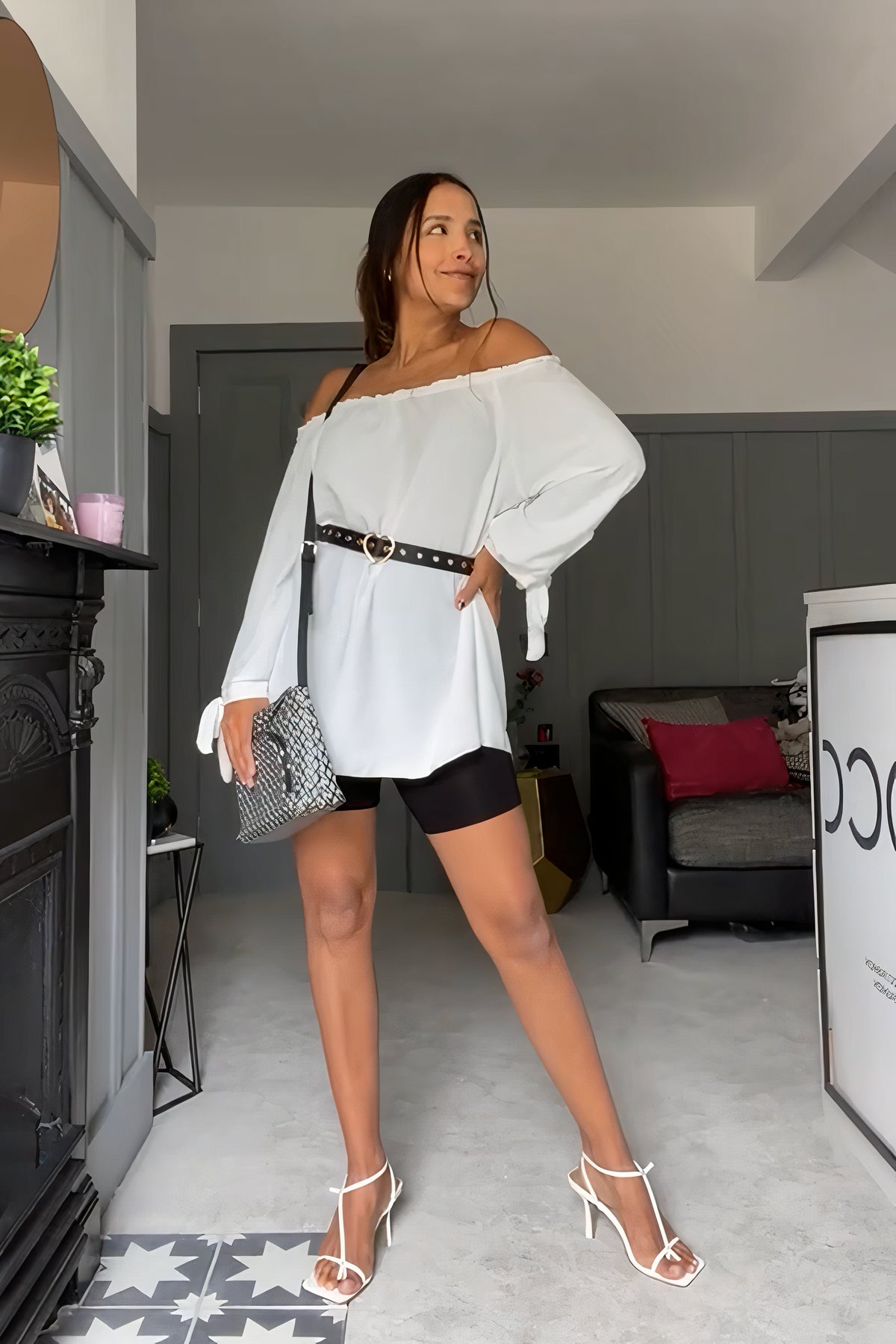 Oversized Off Shoulder Top with Tie Detailed Sleeves in White