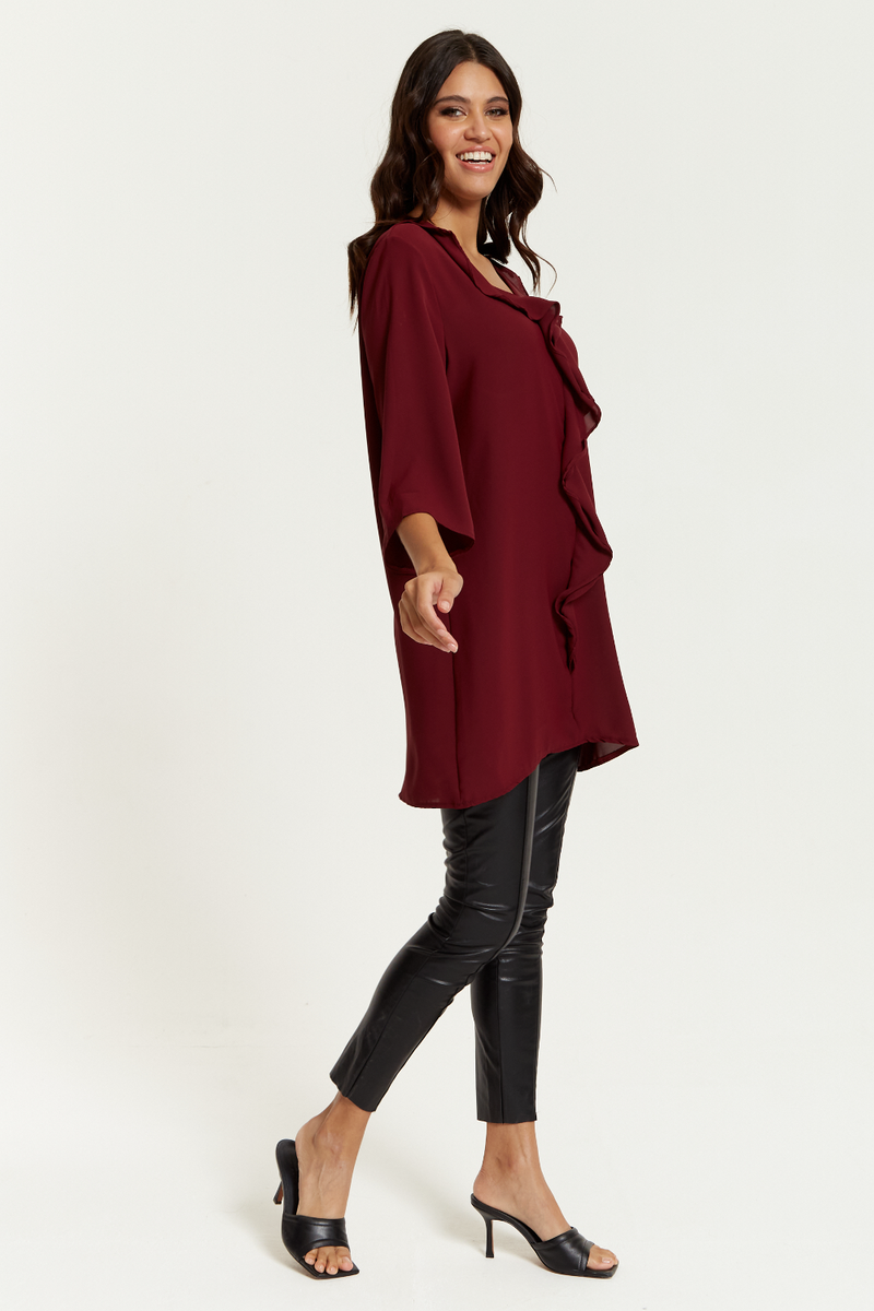 Oversized Frill Detailed 3/4 Sleeves Tunic Shirt in Burgundy