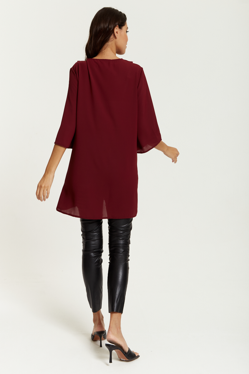 Oversized Frill Detailed 3/4 Sleeves Tunic Shirt in Burgundy