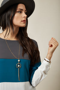 Oversized Colour Block Top In Grey, Blue And White With Necklace