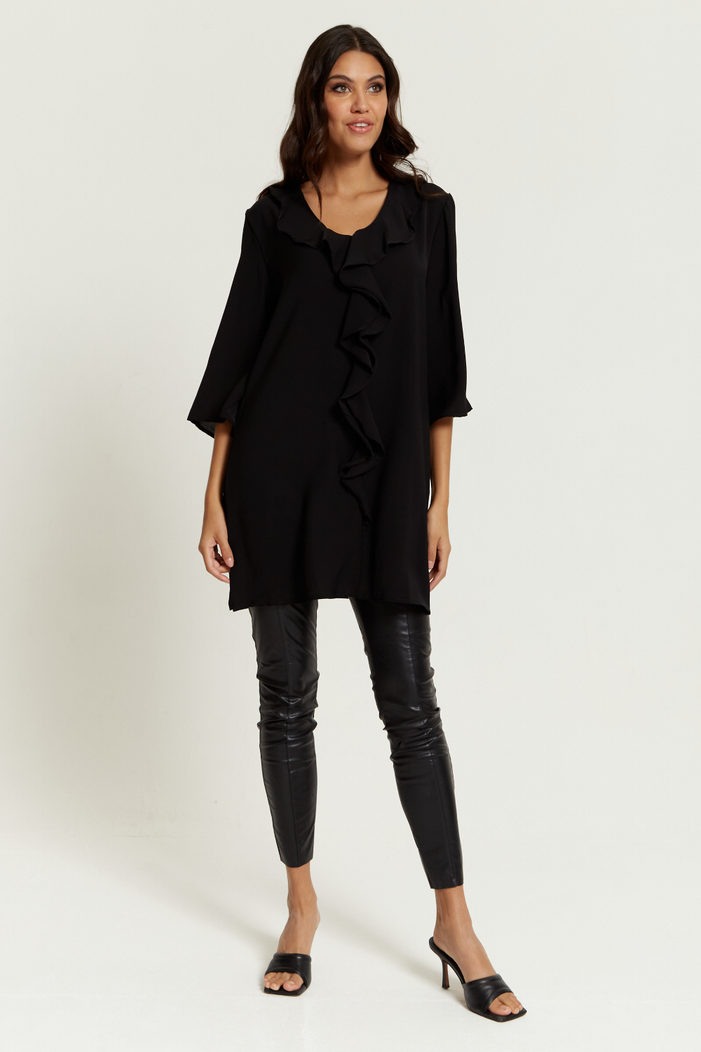 Oversized Frill Detailed 3/4 Sleeves Tunic Shirt in Black