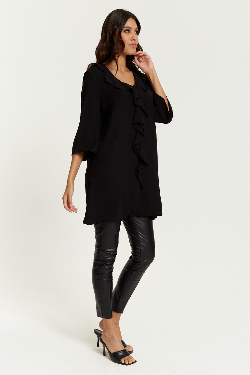 Oversized Frill Detailed 3/4 Sleeves Tunic Shirt in Black