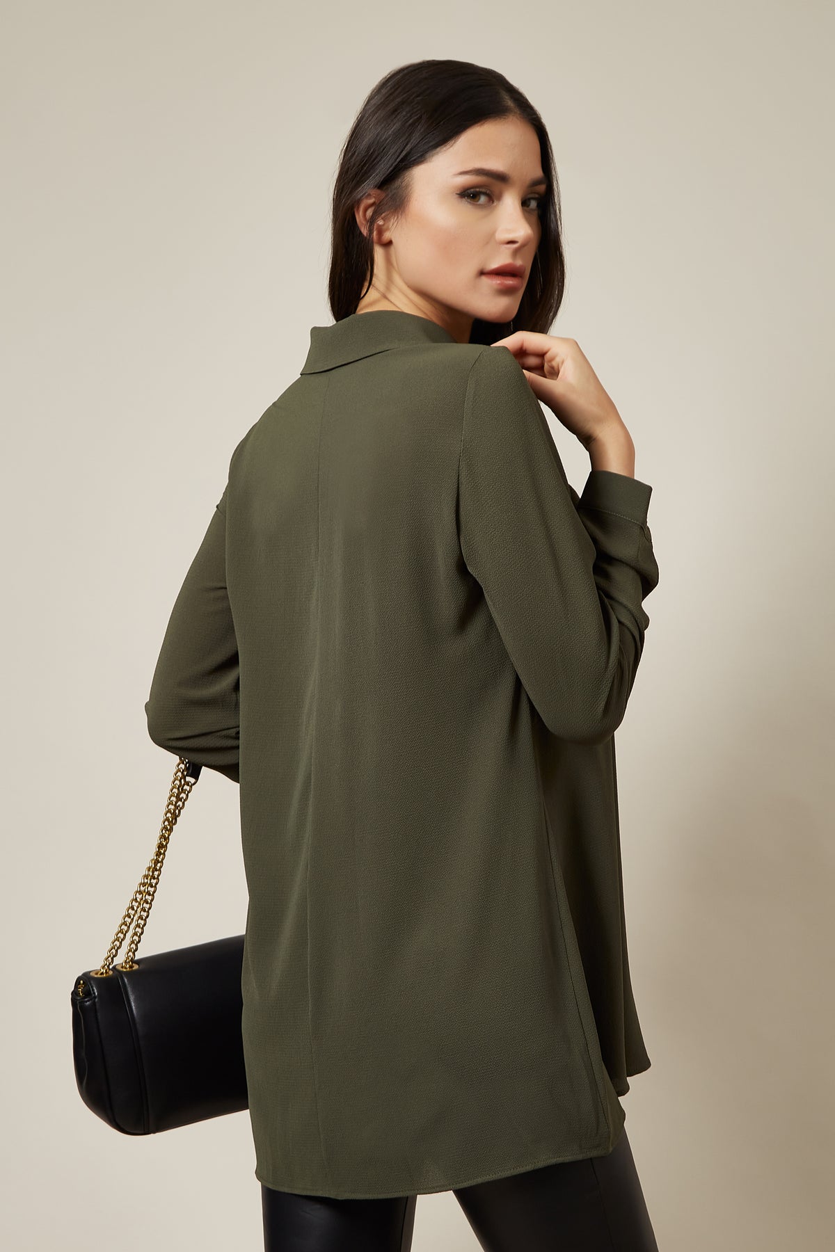 Oversized Long Sleeve Relaxed Pleated Fit Shirt In Khaki