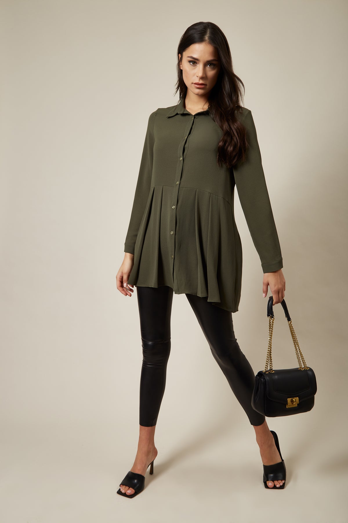 Oversized Long Sleeve Relaxed Pleated Fit Shirt In Khaki