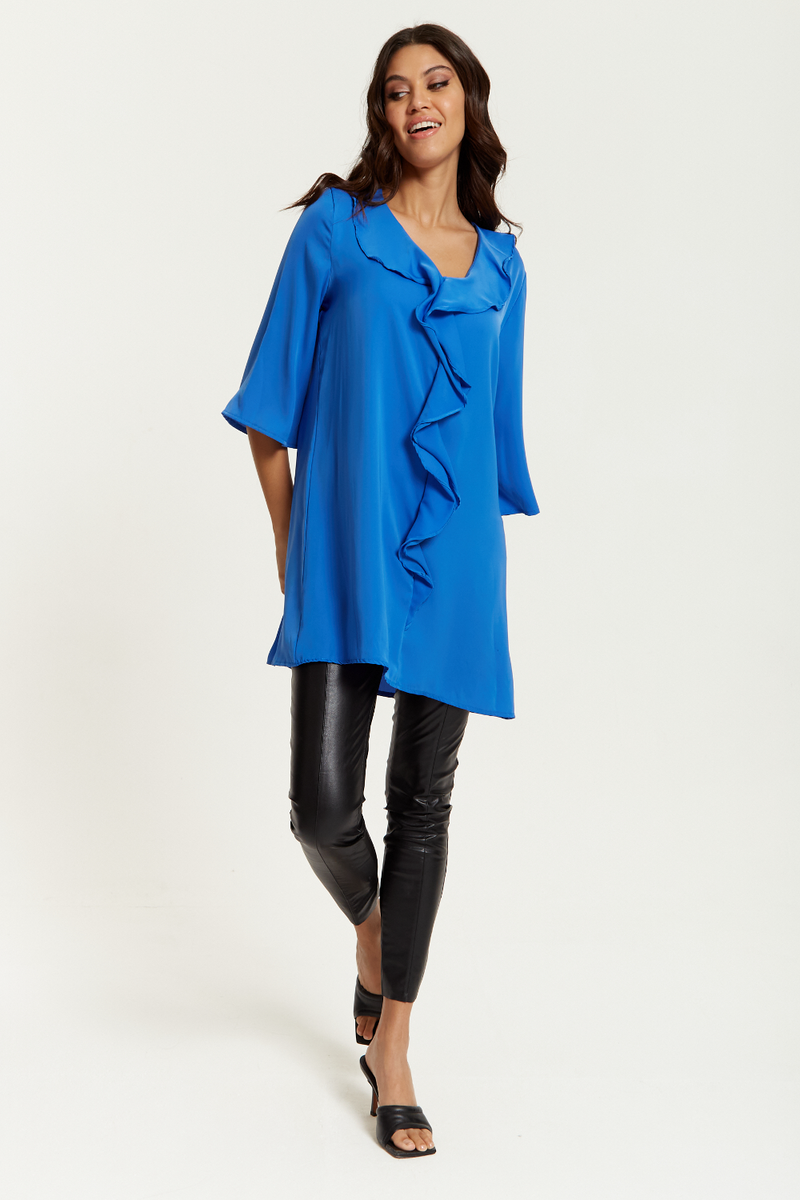 Oversized 3/4 Sleeves Frilled Front Tunic in Blue