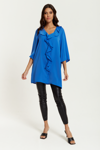 Oversized 3/4 Sleeves Frilled Front Tunic in Blue