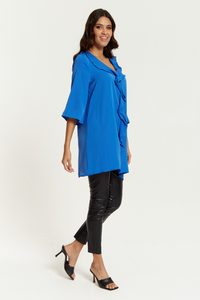 Oversized 3/4 Sleeves Frilled Front Tunic in Blue