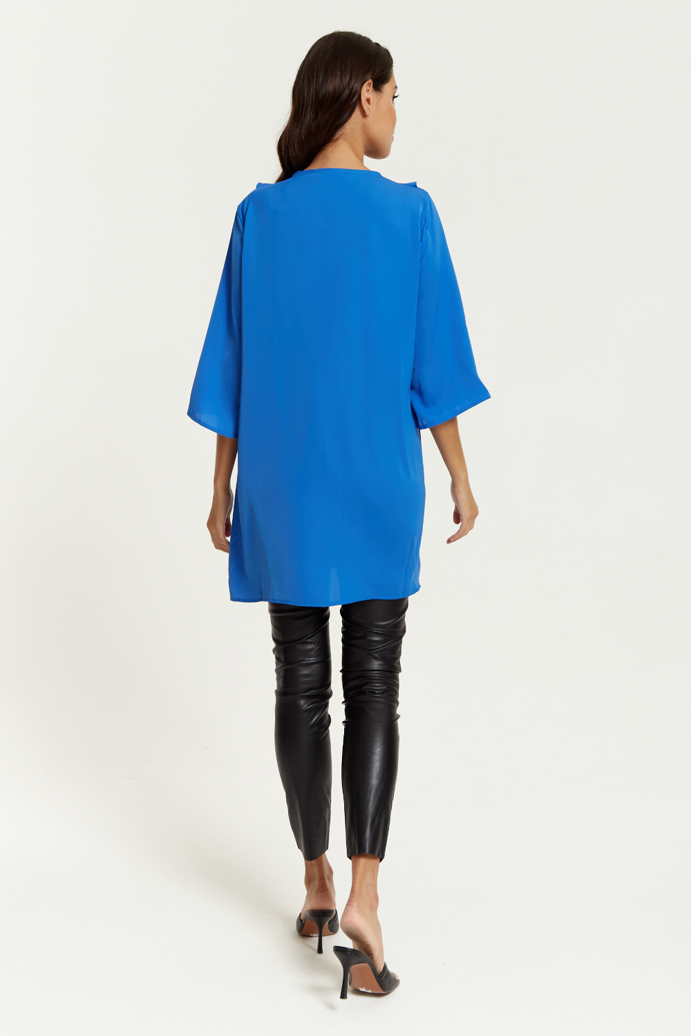 Oversized 3/4 Sleeves Frilled Front Tunic in Blue