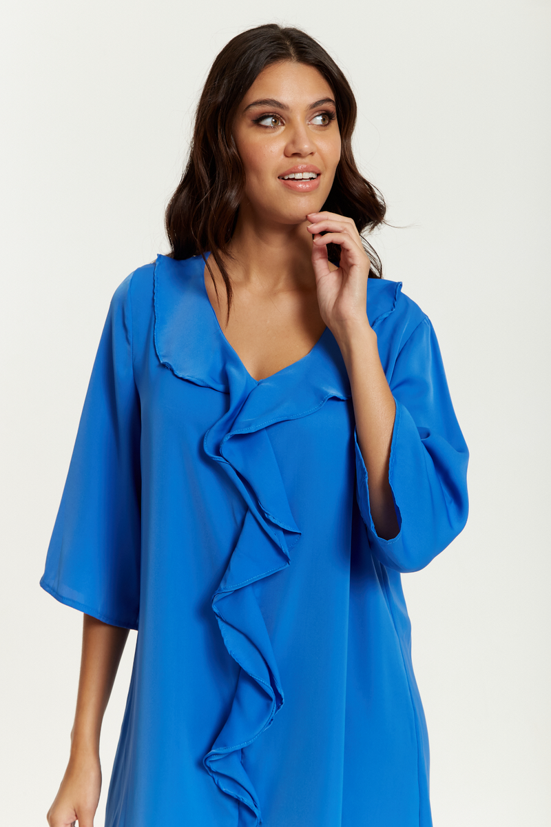 Oversized 3/4 Sleeves Frilled Front Tunic in Blue