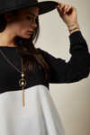 Long Sleeve Relaxed Fit Block Top With Necklace In Black And White