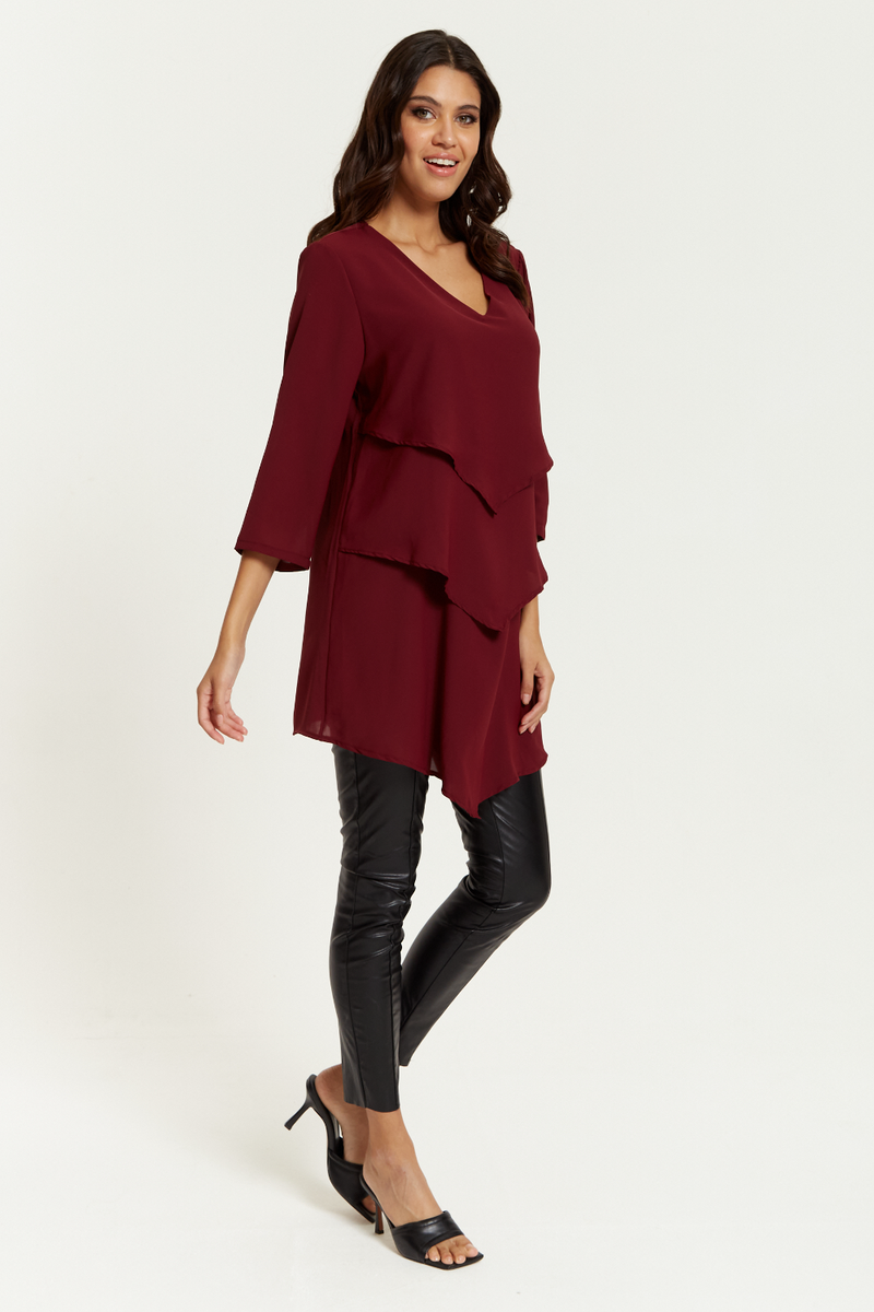Oversized 3/4 Sleeves Layered V Neck Satin Tunic Top in Burgundy