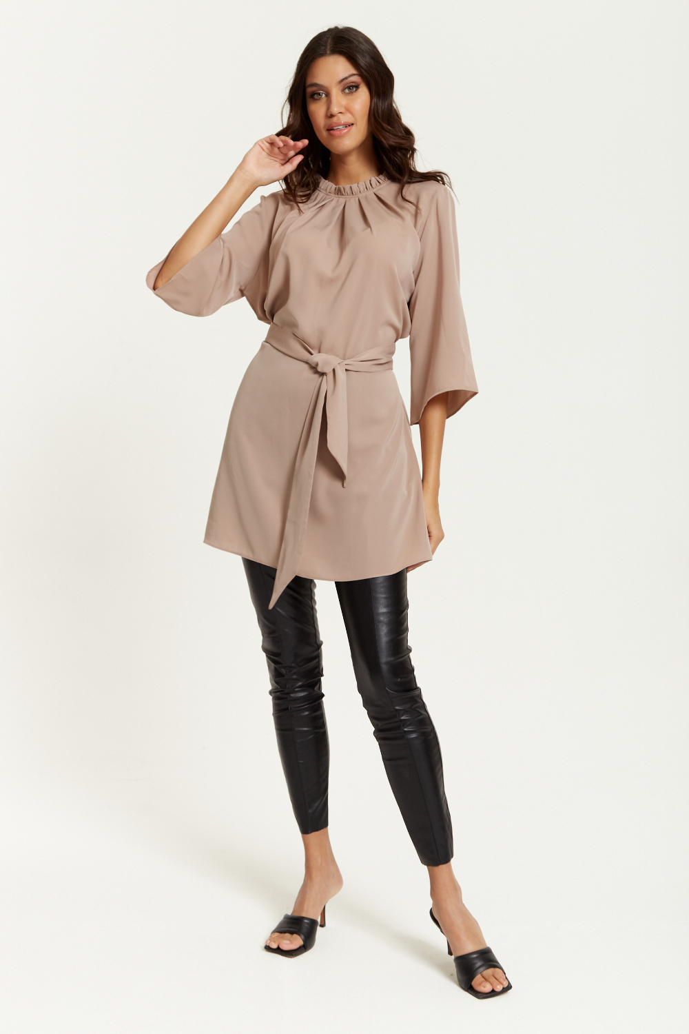 Tie Waisted Ruffle Neck Tunic with 3/4 Sleeves in Beige