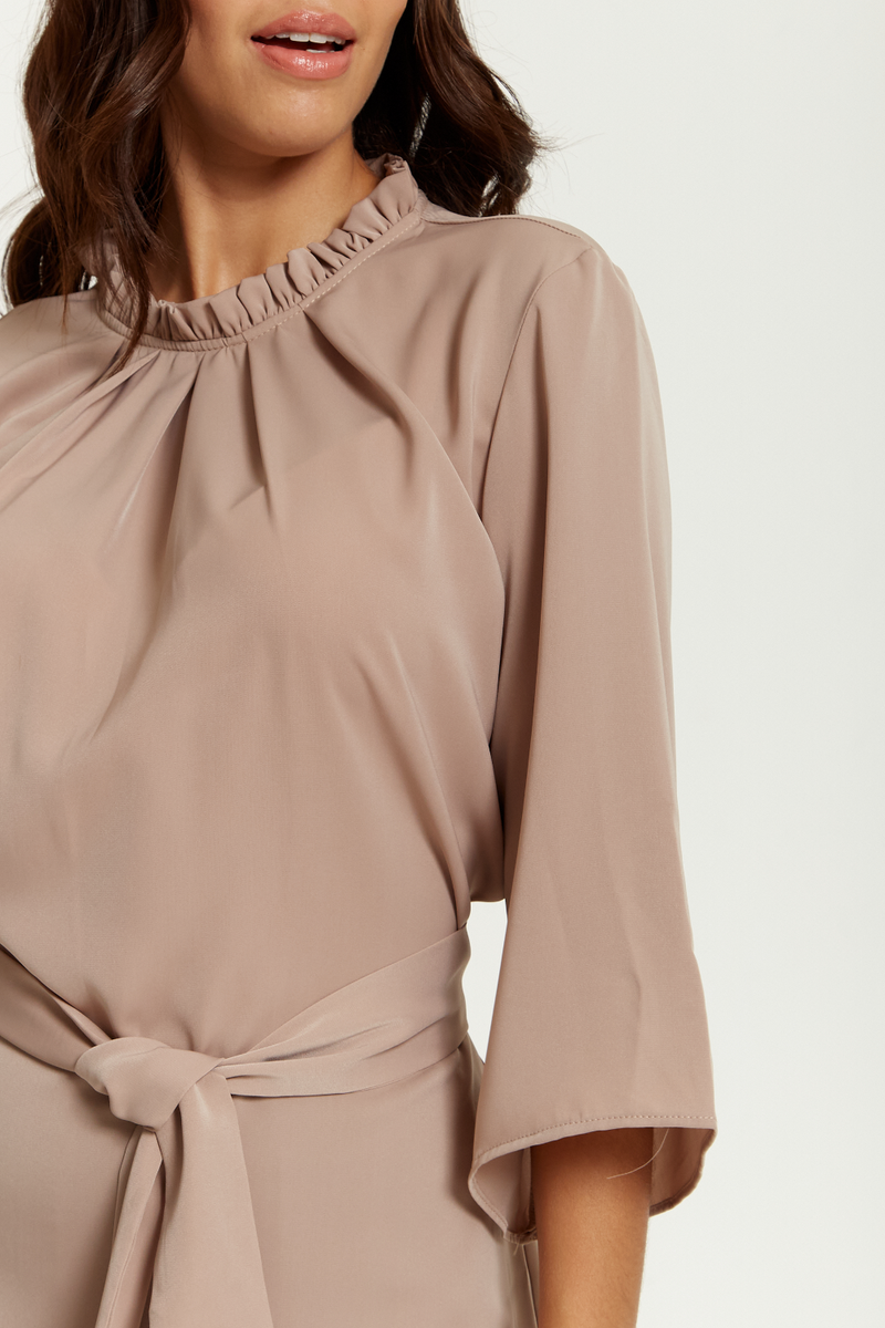 Tie Waisted Ruffle Neck Tunic with 3/4 Sleeves in Beige