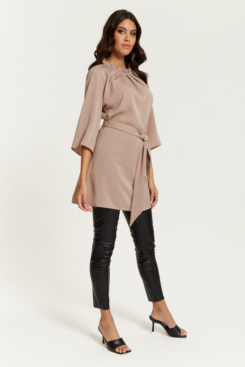 Tie Waisted Ruffle Neck Tunic with 3/4 Sleeves in Beige