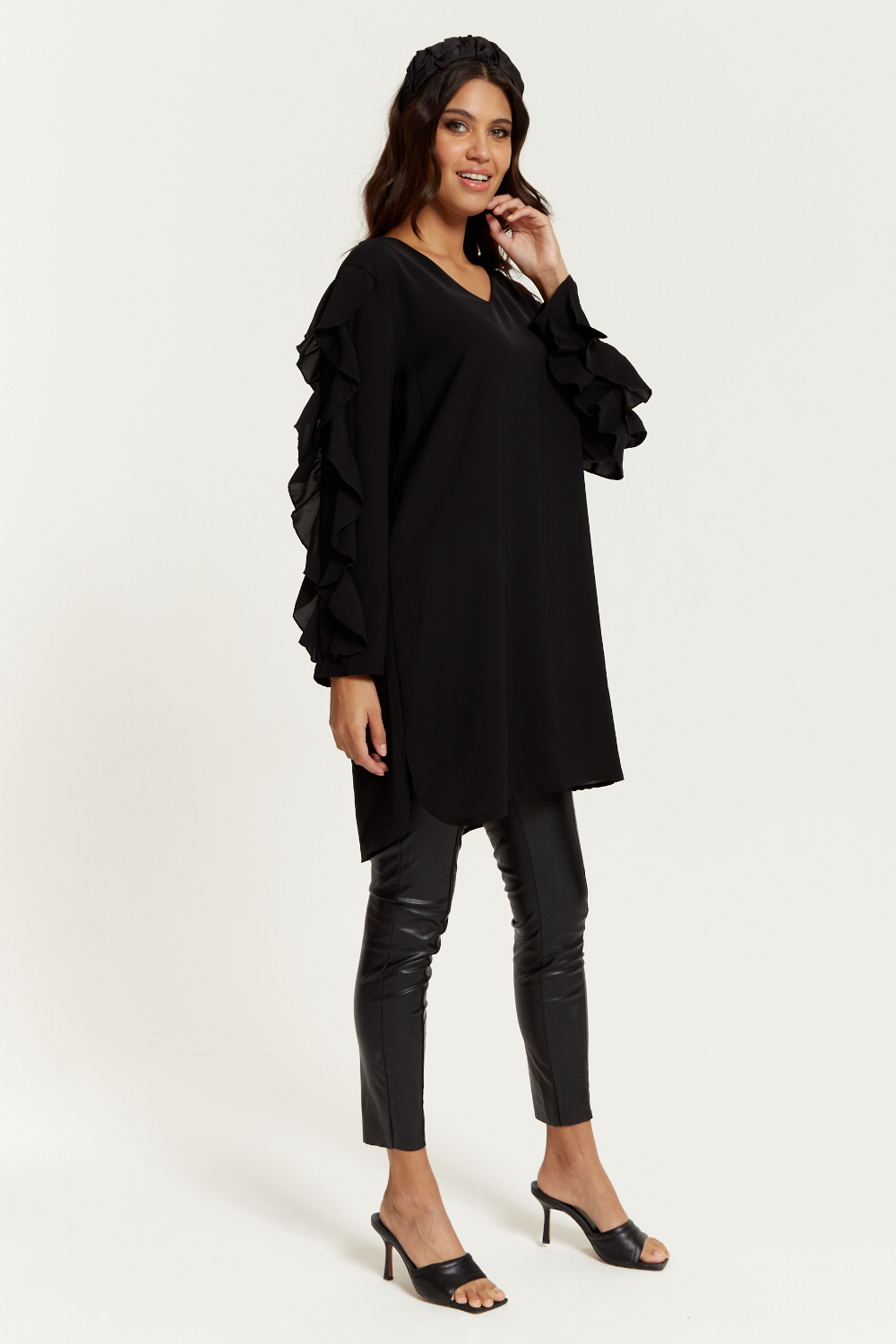 Oversized V Neck Ruffle Sleeves Tunic in Black