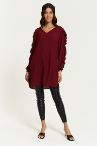 Oversized V Neck Ruffle Sleeves Tunic in Burgundy