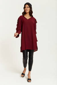 Oversized V Neck Ruffle Sleeves Tunic in Burgundy