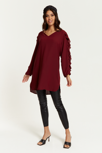 Oversized V Neck Ruffle Sleeves Tunic in Burgundy