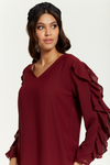 Oversized V Neck Ruffle Sleeves Tunic in Burgundy