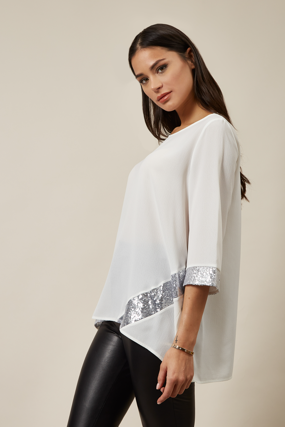 Oversized Sequin Detail Top In White