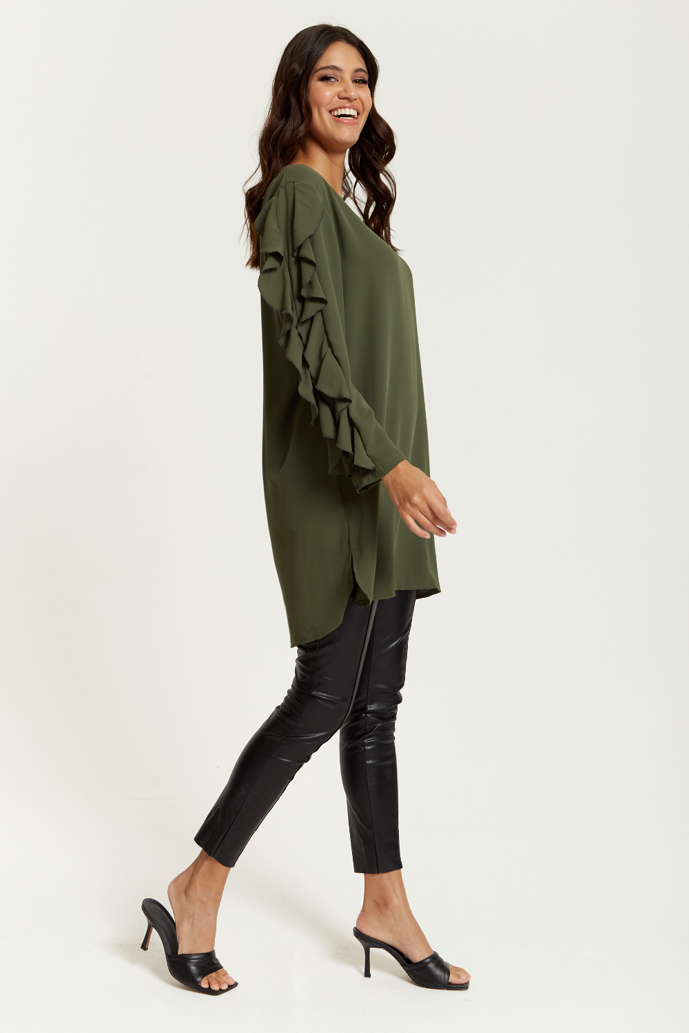 Oversized V Neck Ruffle Sleeves Tunic in Khaki