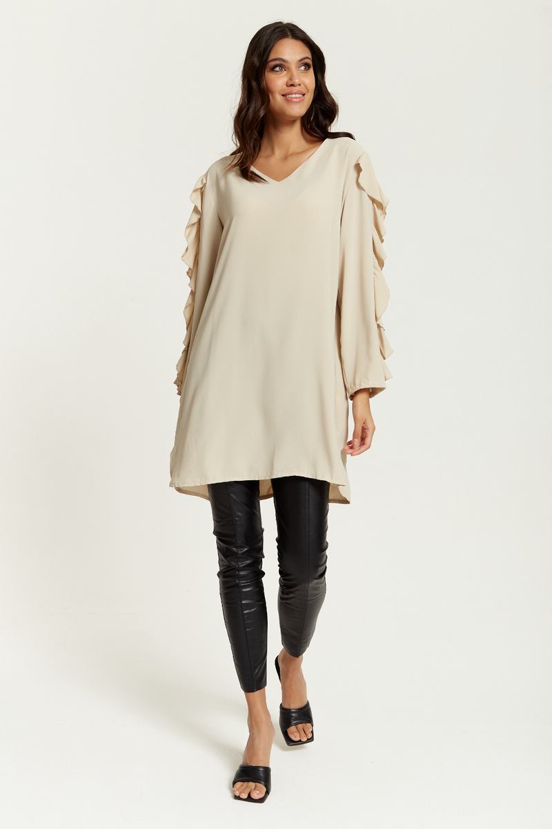 Oversized V Neck Ruffle Sleeves Tunic in Beige