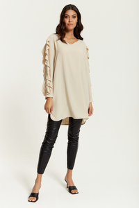 Oversized V Neck Ruffle Sleeves Tunic in Beige