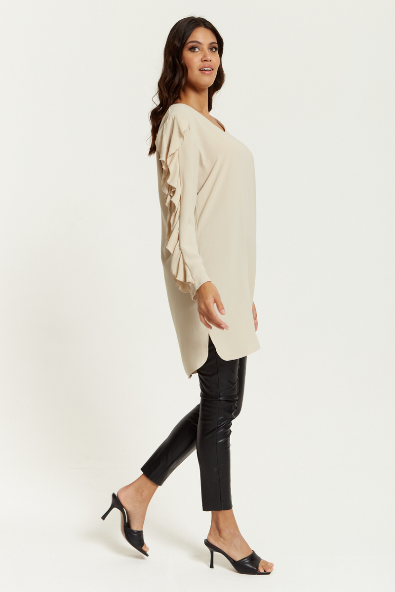 Oversized V Neck Ruffle Sleeves Tunic in Beige