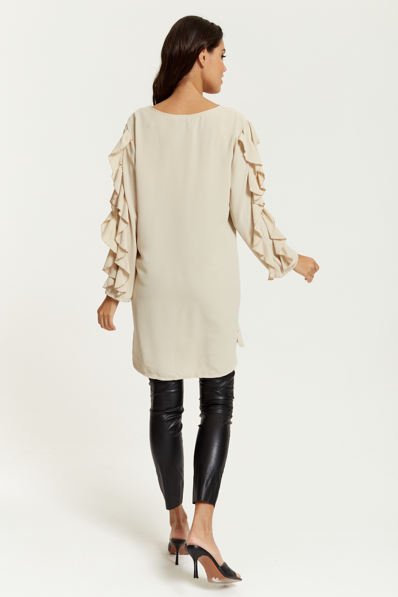 Oversized V Neck Ruffle Sleeves Tunic in Beige