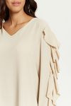 Oversized V Neck Ruffle Sleeves Tunic in Beige