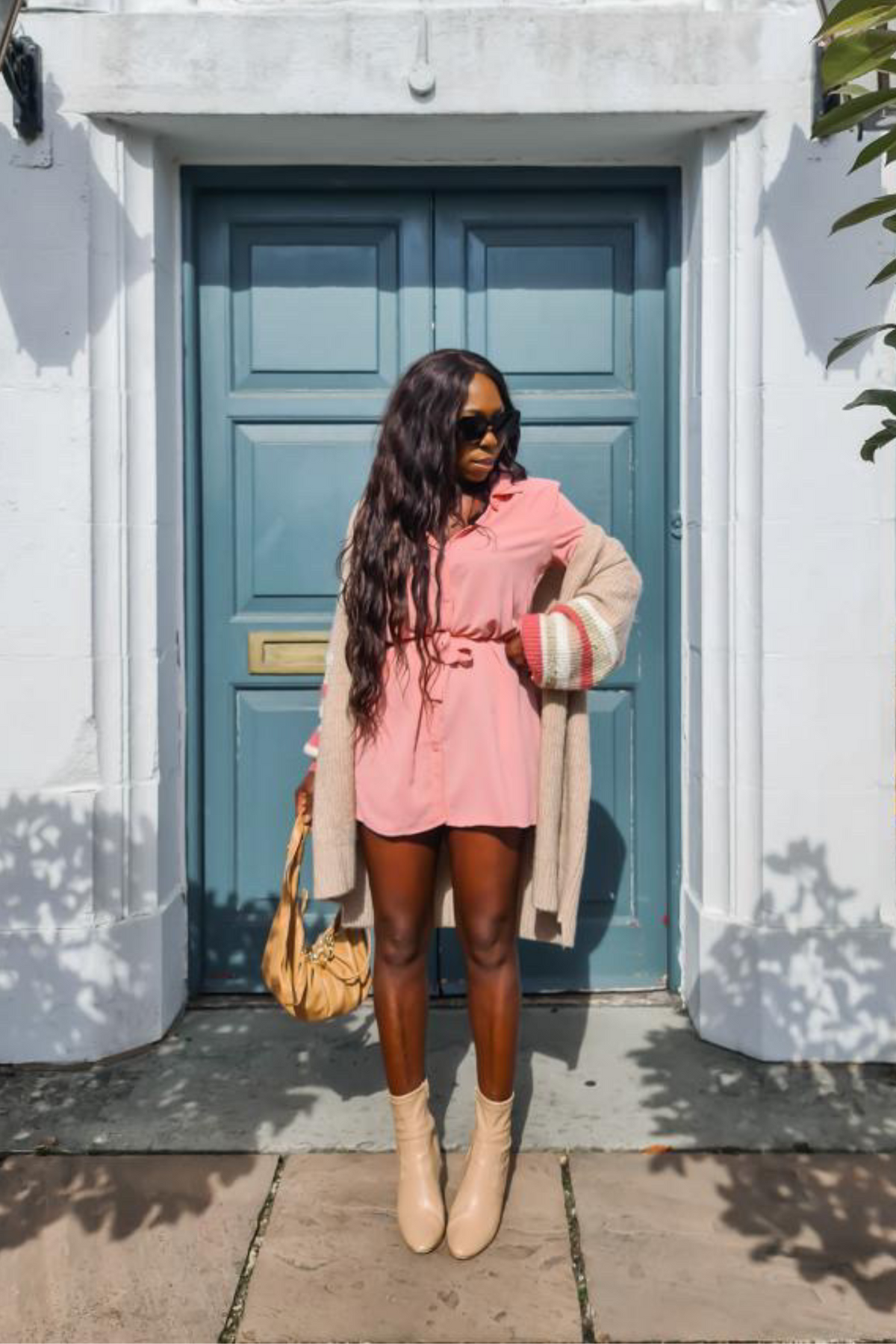 Oversized Belt Detailed Tunic Shirt Dress with Long Sleeves in Pink
