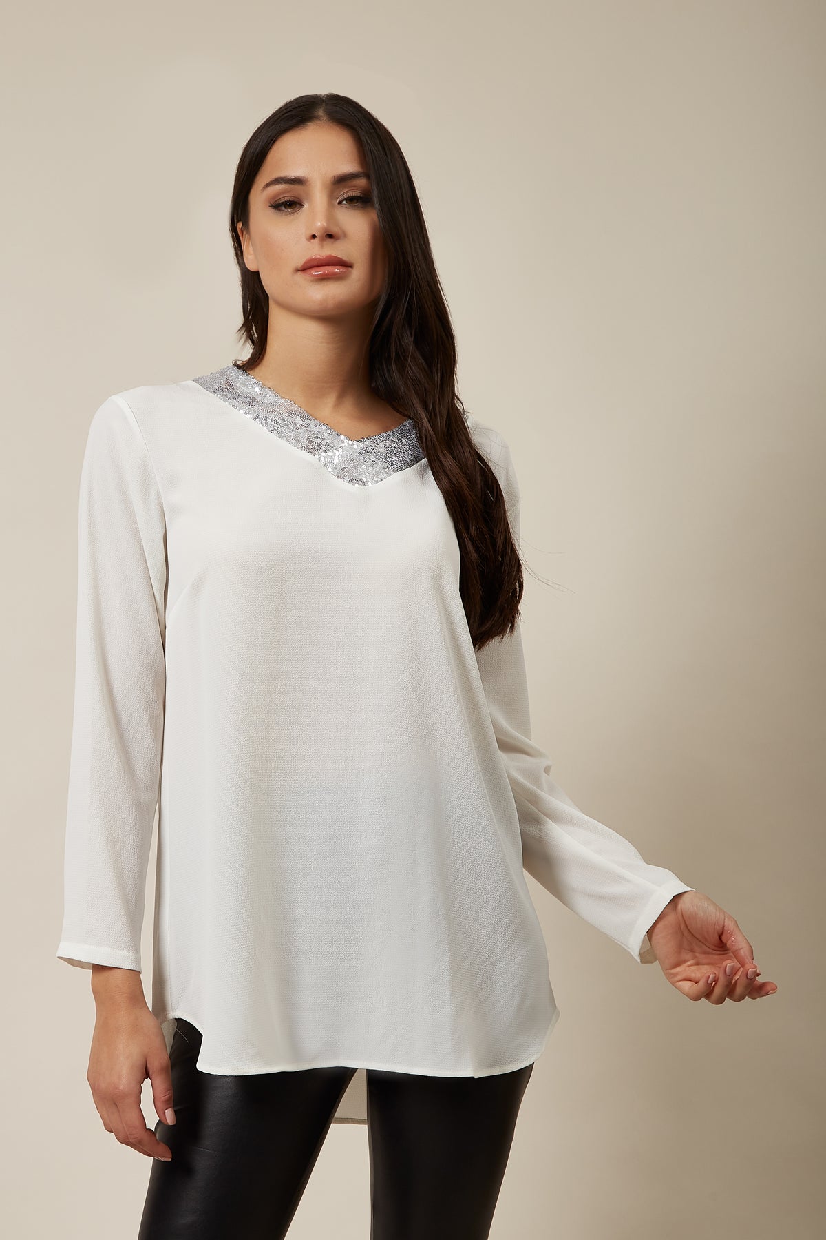 Oversized Top with Sequin Collar Details In White