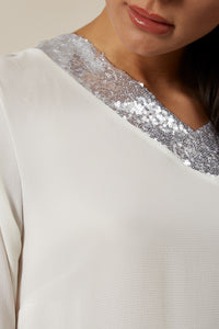Oversized Top with Sequin Collar Details In White