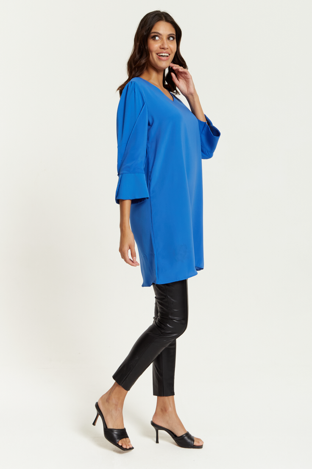 Oversized Detailed Sleeves V Neck Tunic in Blue
