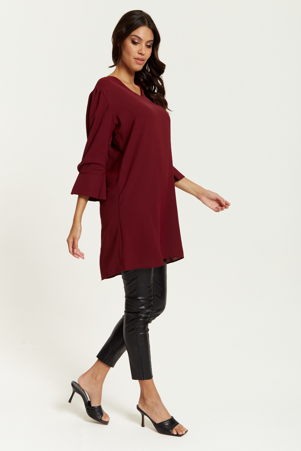 Oversized Detailed Sleeves V Neck Tunic in Burgundy