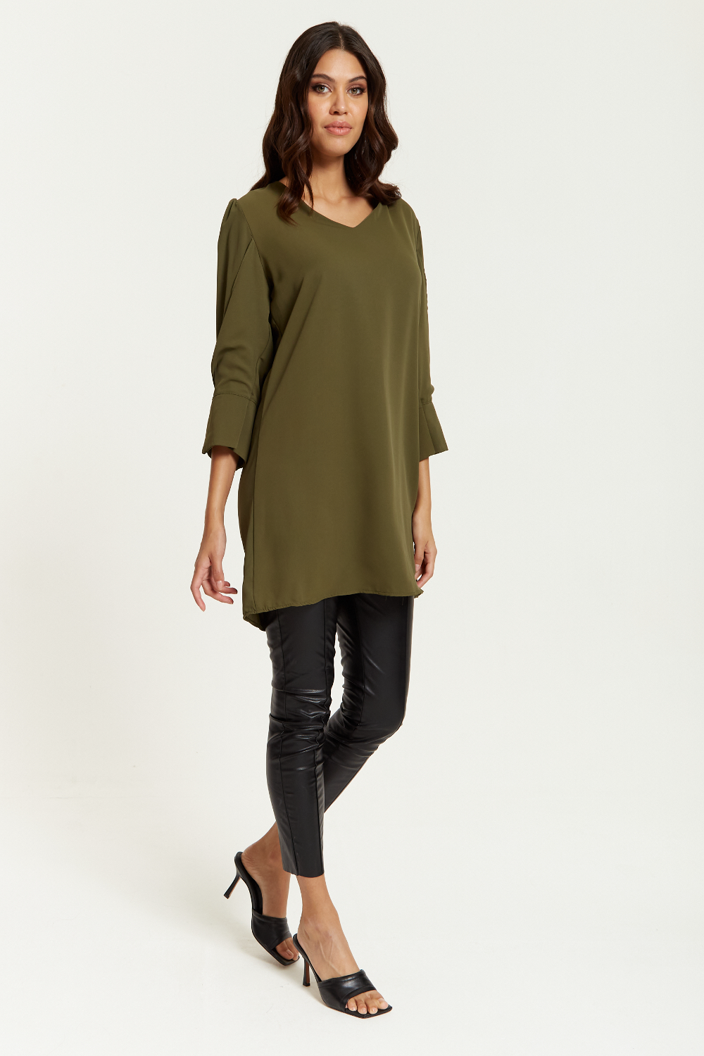 Oversized Detailed Sleeves V Neck Tunic in Khaki