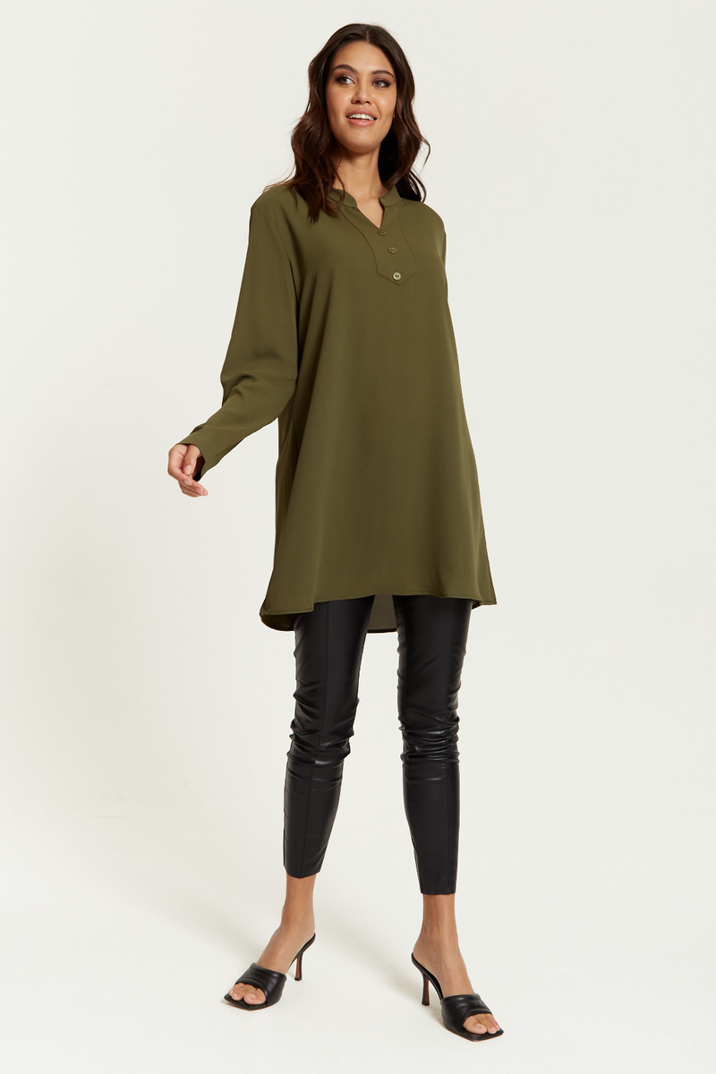 Long Sleeves Button Detailed Tunic in Khaki