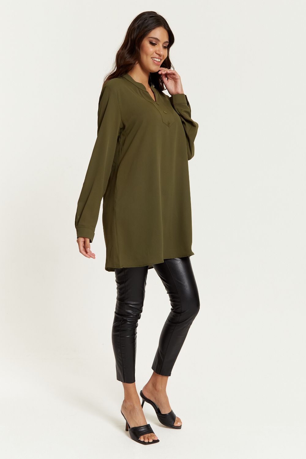 Long Sleeves Button Detailed Tunic in Khaki
