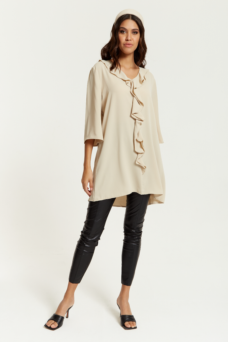 Relaxed Fit 3/4 Sleeves Frilled Front Detailed Satin Tunic in Beige