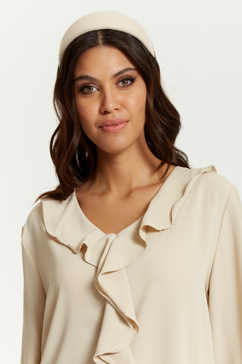 Relaxed Fit 3/4 Sleeves Frilled Front Detailed Satin Tunic in Beige